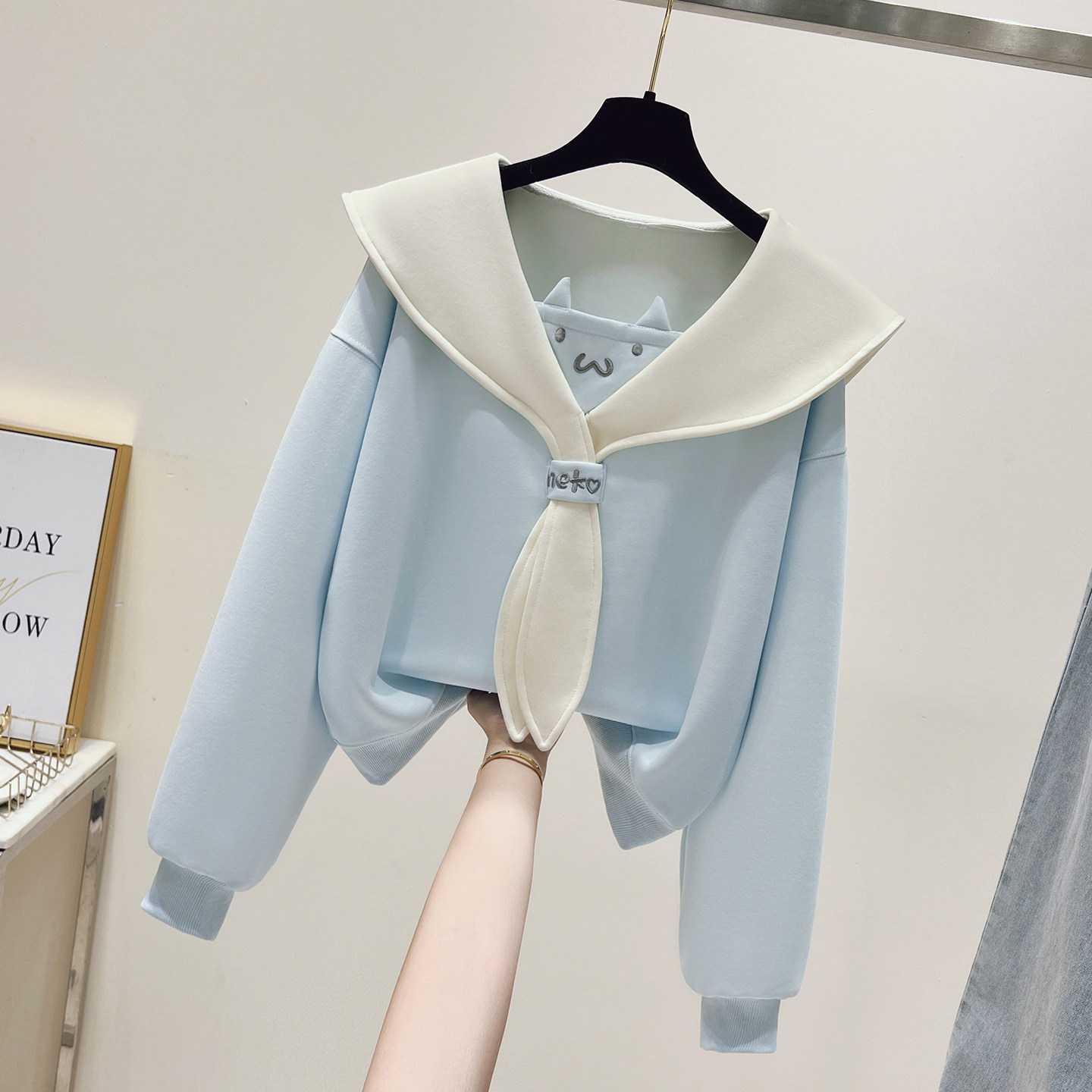 山东即墨拼色海军娃娃领薄款卫衣女秋冬宽松小个子洋气刺绣上衣潮