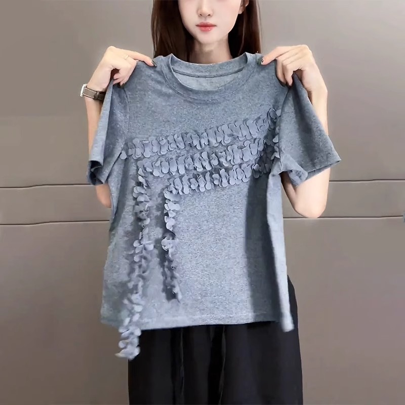 重工流苏花朵设计感短袖T恤女