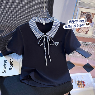 polo格子领系带短袖T恤女
