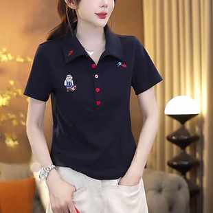 卡通小熊刺繡翻領(lǐng)短袖 深圳南油高端大牌女裝 T恤女夏休閑顯瘦上衣