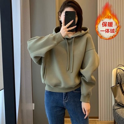 绿色连帽纯棉加绒卫衣女