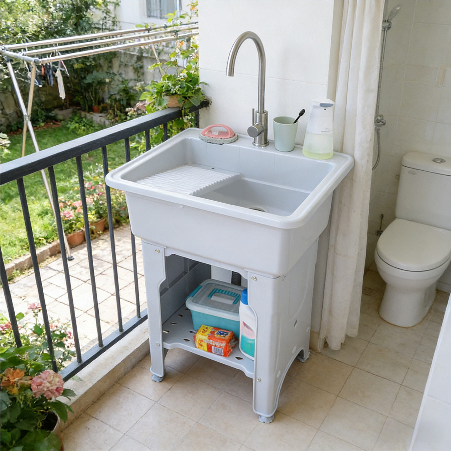 塑料洗衣池阳台洗衣盆带搓板落地式洗菜盆台盆一体家用厨房水槽