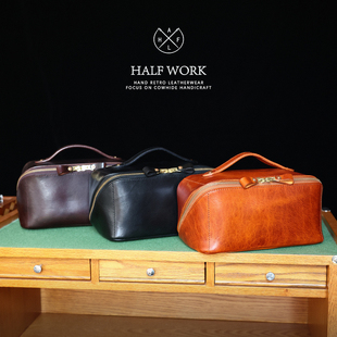 手提真皮复古手工大容量洗漱包女 头层牛皮化妆包便携式 HALF WORK