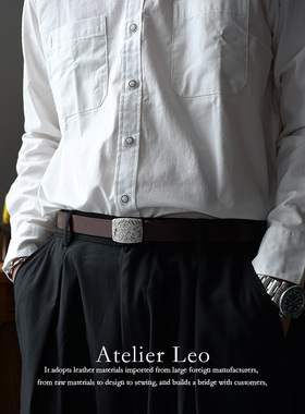 植鞣革皮带男士真皮复古白铜合页扣手工雕花纯牛皮自动扣腰带细