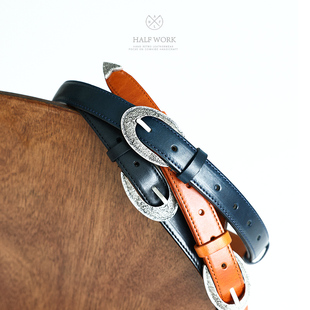 原创设计古银扣真皮头层牛皮手工针扣腰带 复古皮带女 HALF WORK