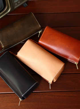 HALF WORK 纯手工制作化妆包女士真皮高级复古笔袋头层牛皮收纳盒