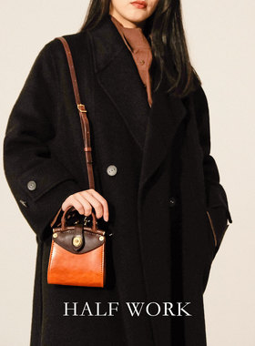 HALFWORK 头层牛皮单肩包女真皮复古小卡包零钱包手工通勤耳机包