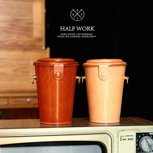HALFWORK 头层牛皮手机包圆筒包真皮水桶包复古 新独立设计奶茶杯