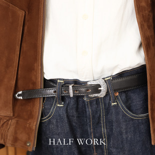 HALFWORK 复古头层牛皮真皮腰带男女雕花针扣手工皮带百搭 美式