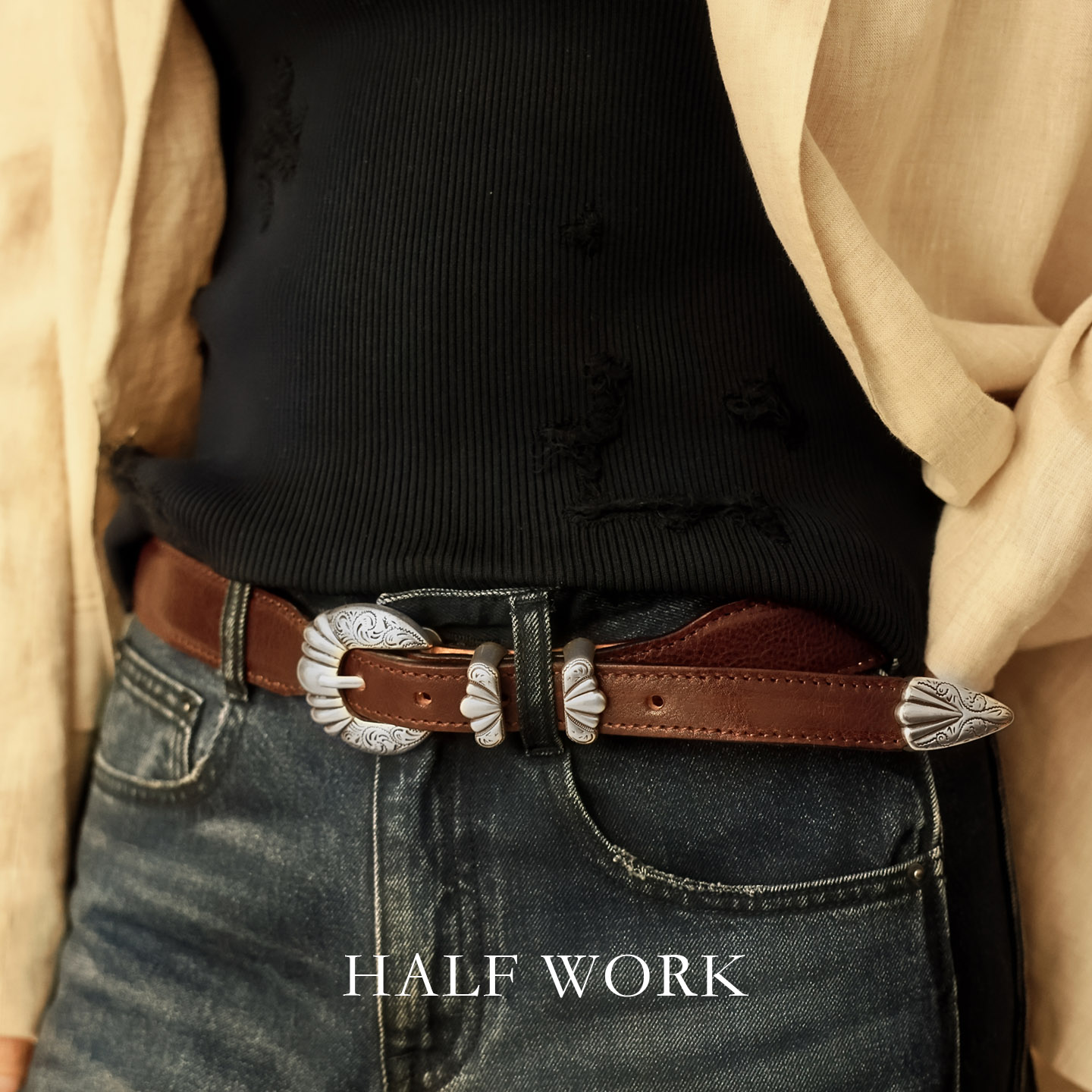 HALFWORK复古真皮雕花扣腰带女