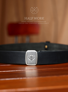 HALF WORK 纯手工复古白铜合页扣皮带男真皮做旧自动扣牛仔裤腰带