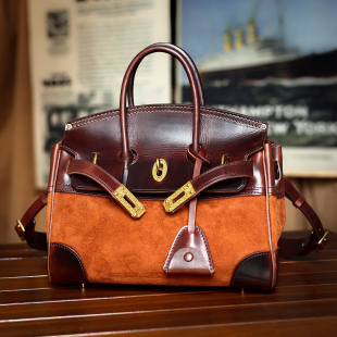 头层牛皮手工复古单肩凯莉包 反绒马皮手提铂金包真皮 HALF WORK