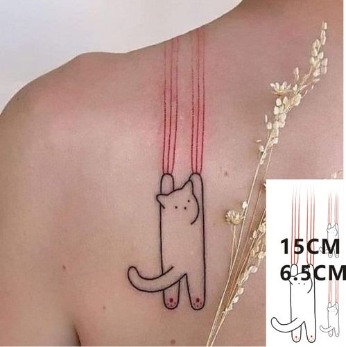可爱猫咪红线条 网红ins风背部手臂纹身贴小清新防水持久仿真刺青