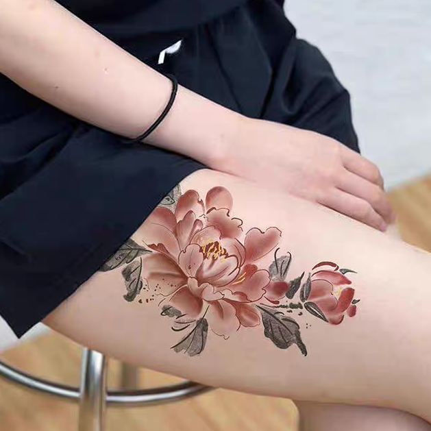 牡丹花彩色纹身贴女防水持久国风水墨画锁骨胸前花卉大图案遮疤