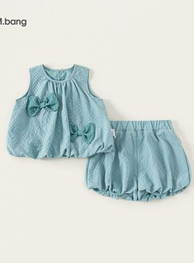 小一家上衣套装儿童XT25334松紧时尚圆领纯色+纯色腰蝴蝶结无袖短