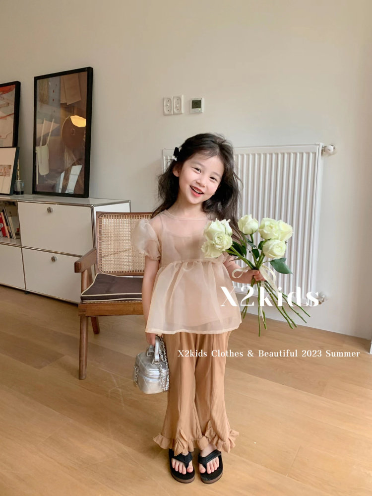 韩版童装2023夏季新款女童洋气欧根纱泡泡袖上衣吊带两件套喇叭裤