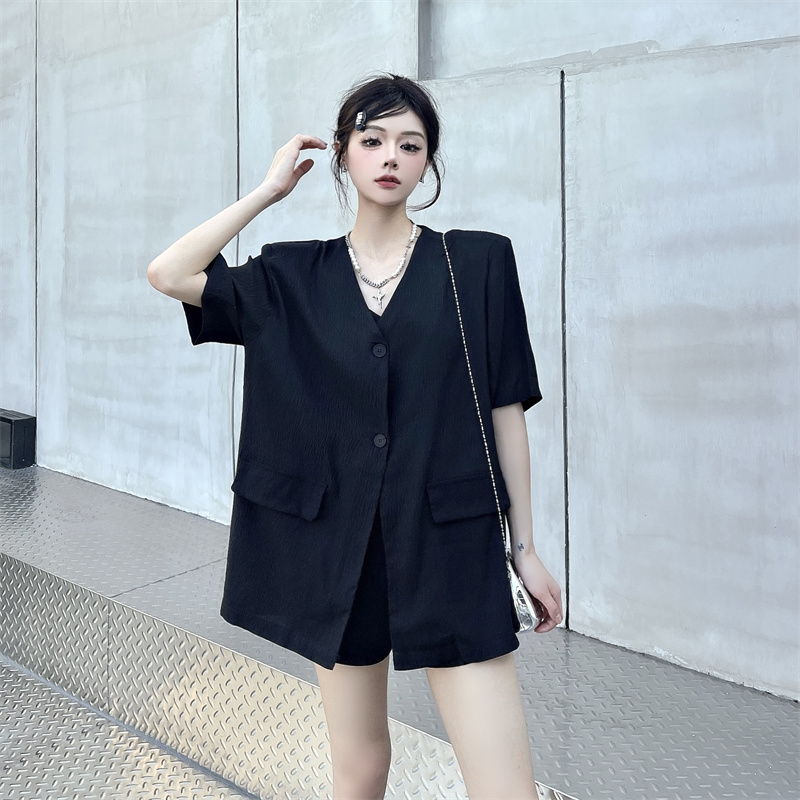 韩版V领后背镂空设计西装薄外套女2025夏季新款宽松休闲短袖上衣