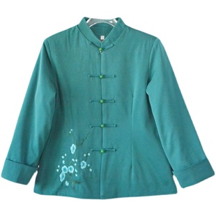 中式開衫棉衣女2021冬織錦緞加厚綠色外套漂亮高貴綢緞過年媽媽裝