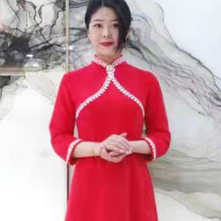春秋女士国风连衣裙细貂绒年轻中长款时尚显瘦改良汉服红色旗袍裙