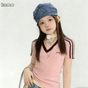 女童纯棉短袖T恤2026新款粉色条纹V领修身短款中大童夏季薄款上衣