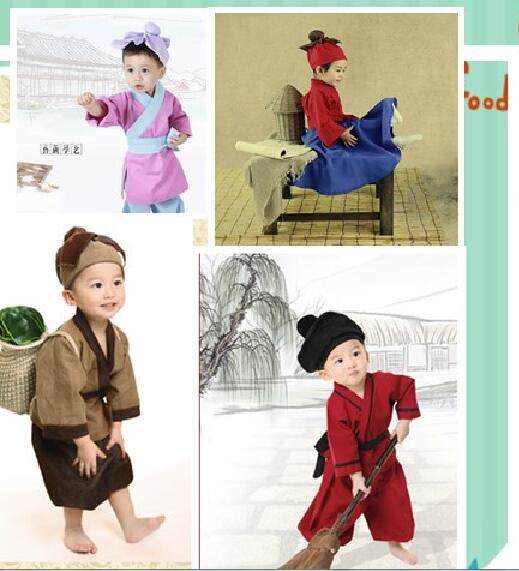 儿童锄禾汉服女童棉麻古装古代药童农民演出服国学服小和尚表演服