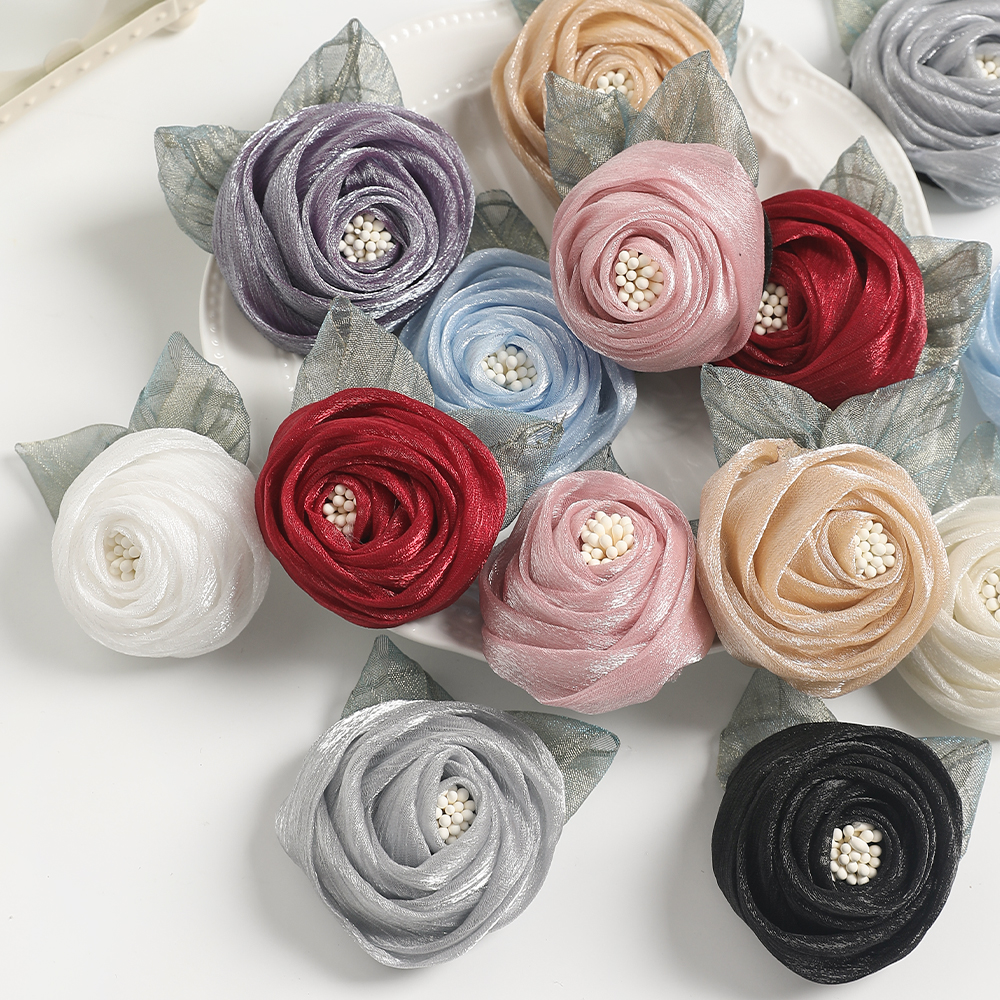 带叶玫瑰纱花加芯 假花diy手工古风头饰发夹花 服饰草帽粘花材料