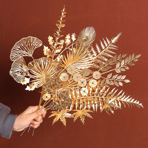福桶插花花环编织金色扇叶单支