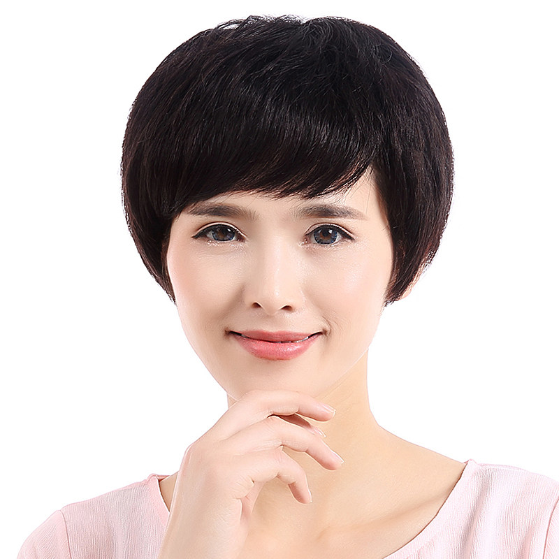 女式假发真发短发短直发女妈妈款假发中老年整顶发套自然真人发丝
