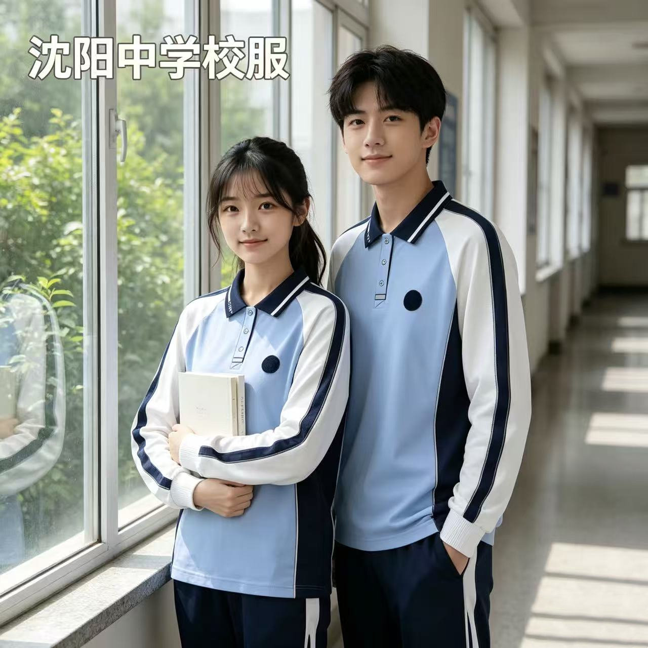 蓝白拼色长袖POLO衫校园班服