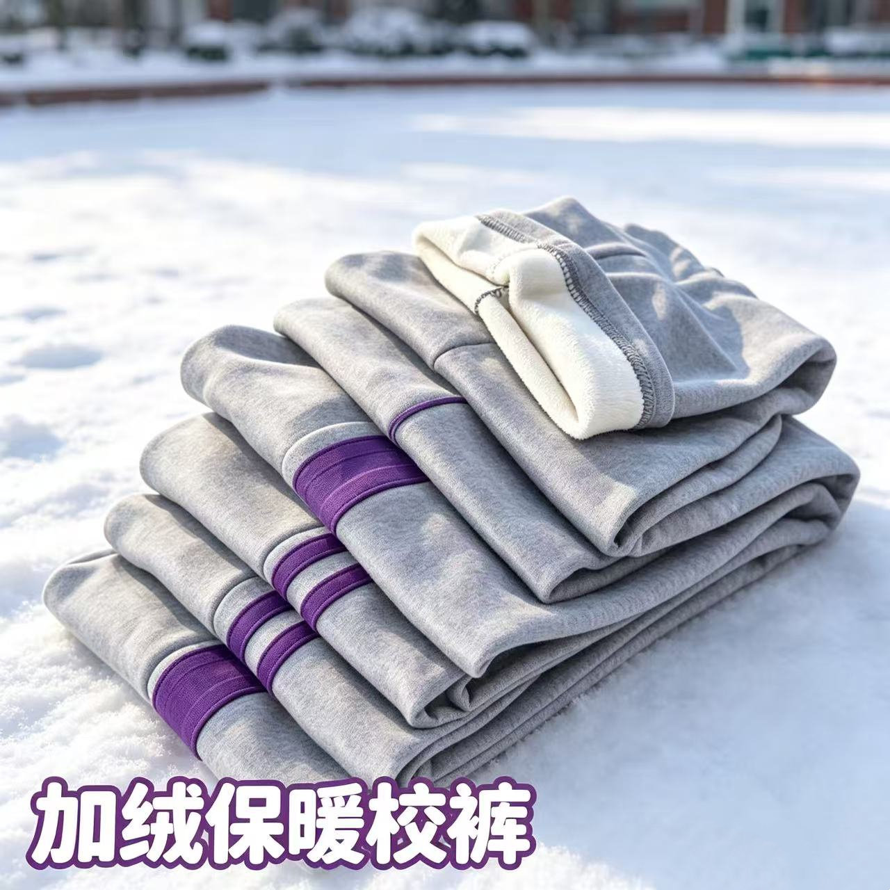 秋冬加绒加厚松紧腰直筒校服裤