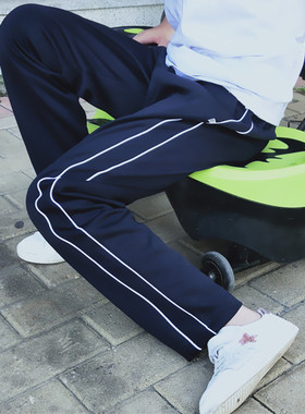 校服裤子春夏初高中小学生双白细条藏蓝色运动裤两条细杠男女通款