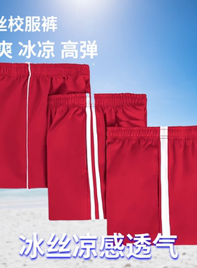 冰丝红色校服裤子夏季薄款小学生初高中男女儿童二条杠一道三速干