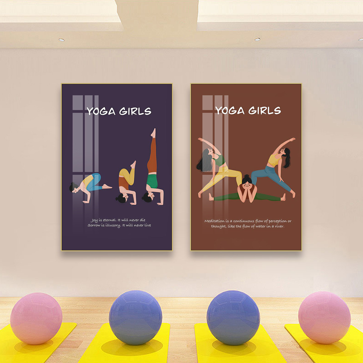卡通人物普拉提瑜伽馆装饰画体式动作壁画健身房私教工作室挂画
