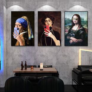 恶搞世界名画装饰画蒙娜丽莎酒吧餐厅客厅咖啡店奶茶店挂画灯箱