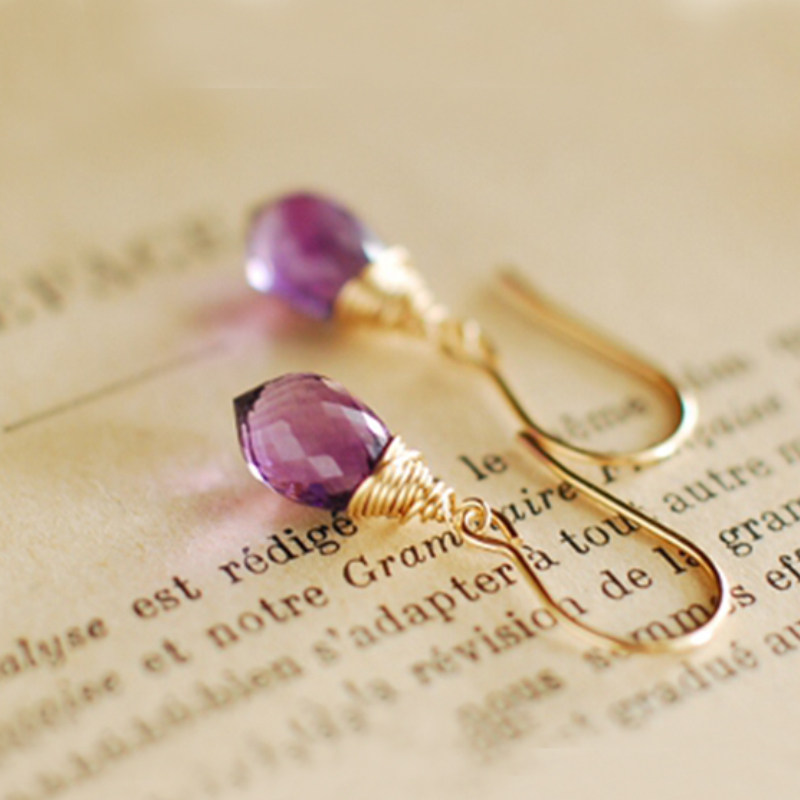 进口14K包金耳环2026新款紫水晶耳坠长款纯银耳饰女转运情人礼物