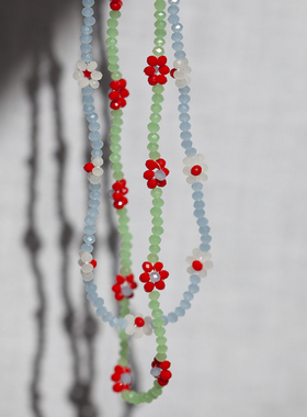 博主同款彩色水晶串珠花朵项链