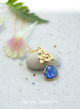 进口原创设计小花丛蓝水晶项链精致简约百搭花朵锁骨链2025新款