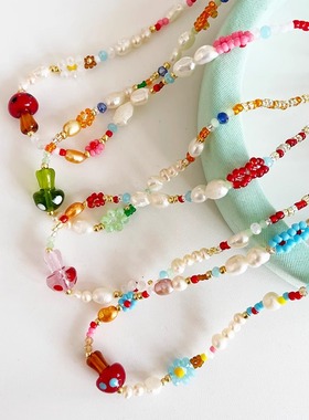 甜美可爱彩色串珠蘑菇项链