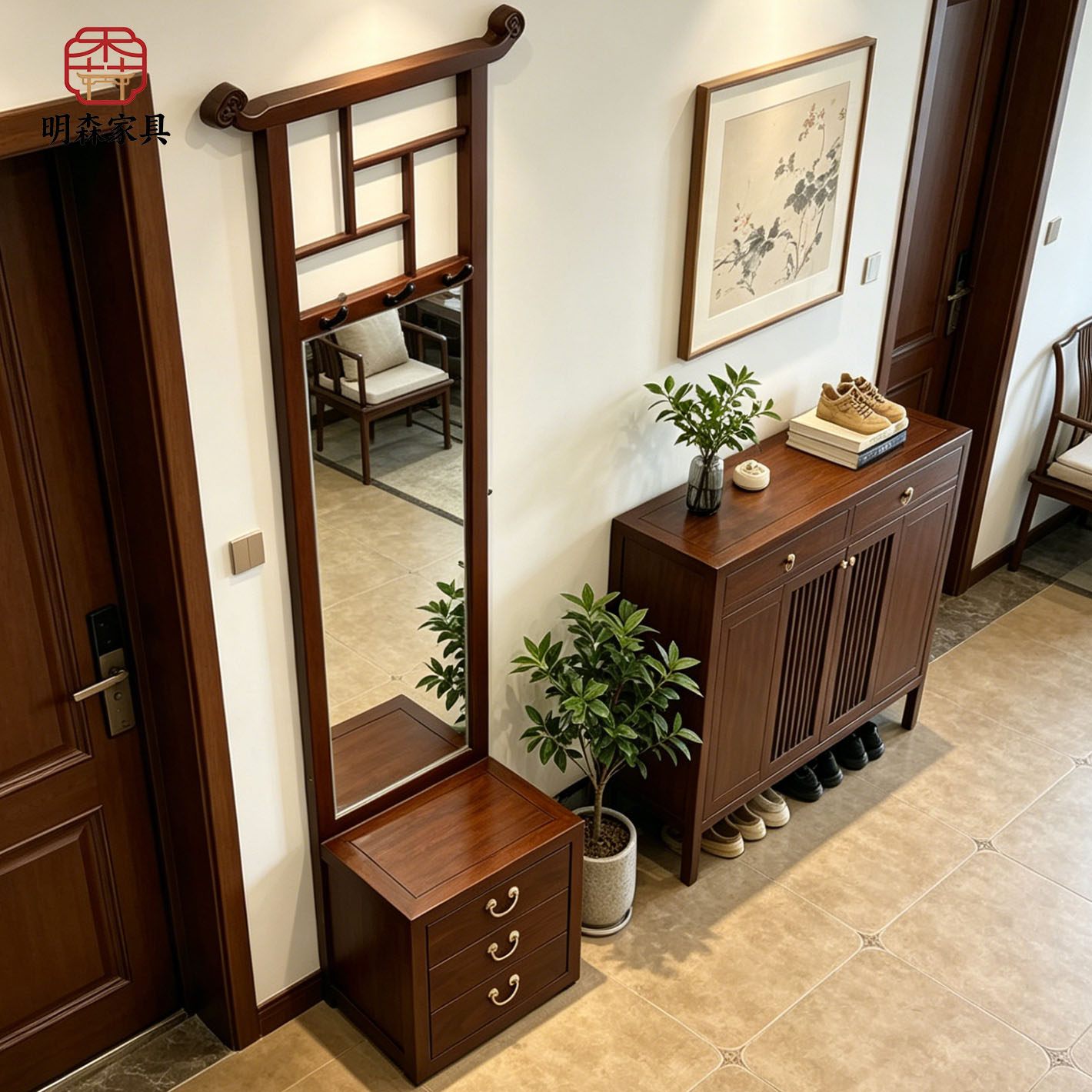 小型新中式实木床头柜衣帽架图片