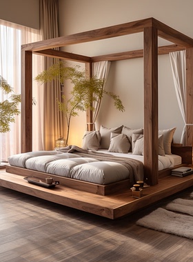 中古风架子床双人实木床极简设计师款悬浮床好物清单侘寂风四柱床