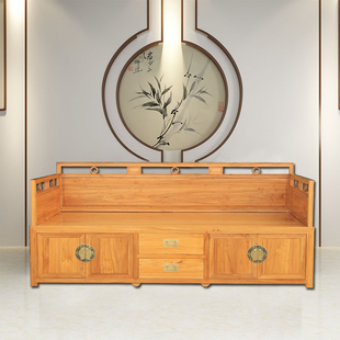 宋氏美学新中式全实木罗汉床小户型原木榫卯榆木储物沙发中式定制