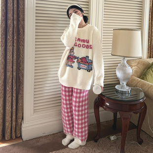 棉小闲卡通原田格子软绵绵睡衣套装女秋冬季加厚保暖半边绒家居服