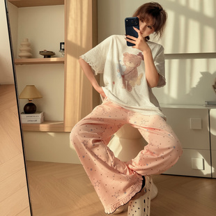 棉小闲新款卡通熊睡衣女纯棉T恤短袖长裤 可外穿休闲薄家居服夏款