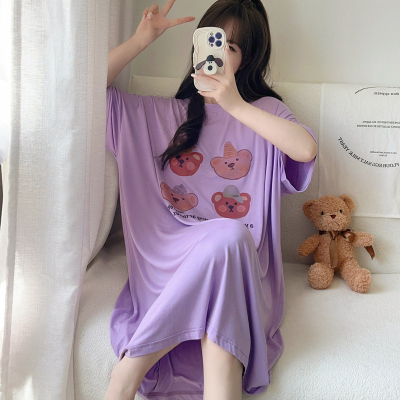 旋转木马小熊头像卡通莫代尔短袖睡裙家居服薄款韩版宽松睡衣女士