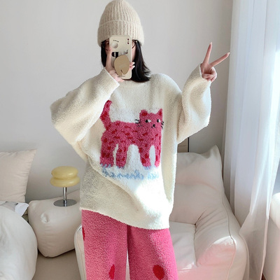 卡通可爱半边绒睡衣套装女秋冬季