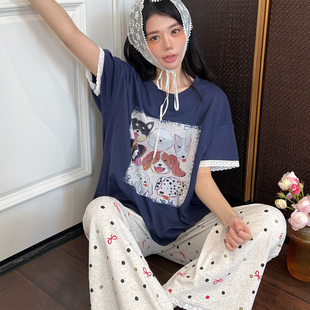 棉小闲新款狗狗乐园卡通睡衣女夏季短袖长裤家居服套装可外穿宽松