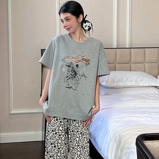 棉小闲新款夏季女士印花短袖豹纹长裤睡衣套装可外穿家居服两件套