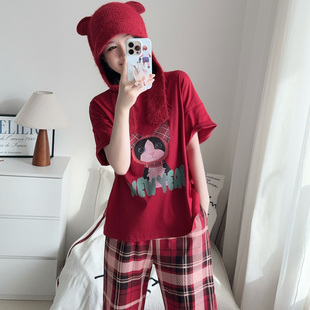 PINKWEO 卡通可爱风短袖长裤格子小猫家居服女红色睡衣套装薄款夏