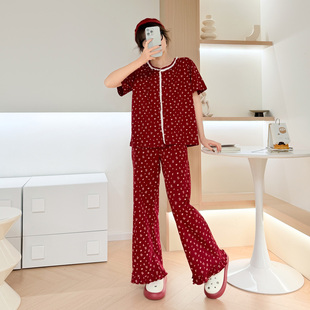 棉小闲甜美风红色本命年睡衣花边短袖长裤薄款开衫家居服套装女夏