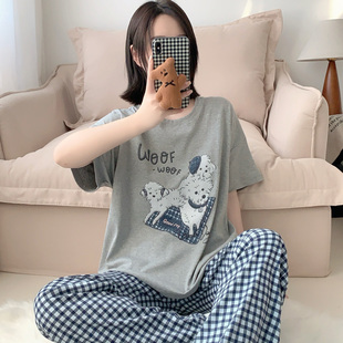 日式小狗印花纯棉睡衣女短袖长裤宽松休闲可外穿格子家居服套装夏